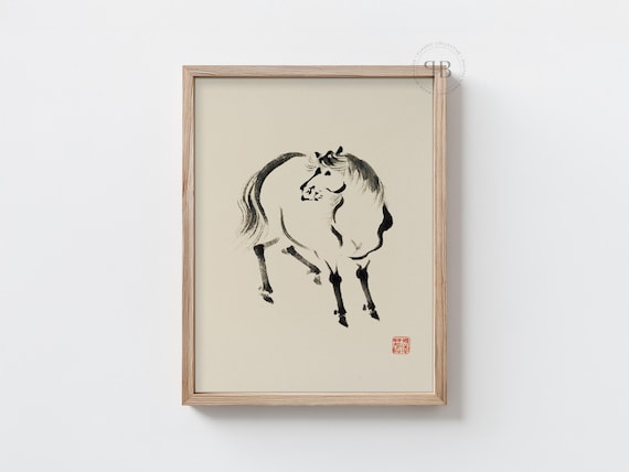 墨絵馬図：日本の水墨画、禅の筆遣い（デジタルダウンロード） - Etsy 日本