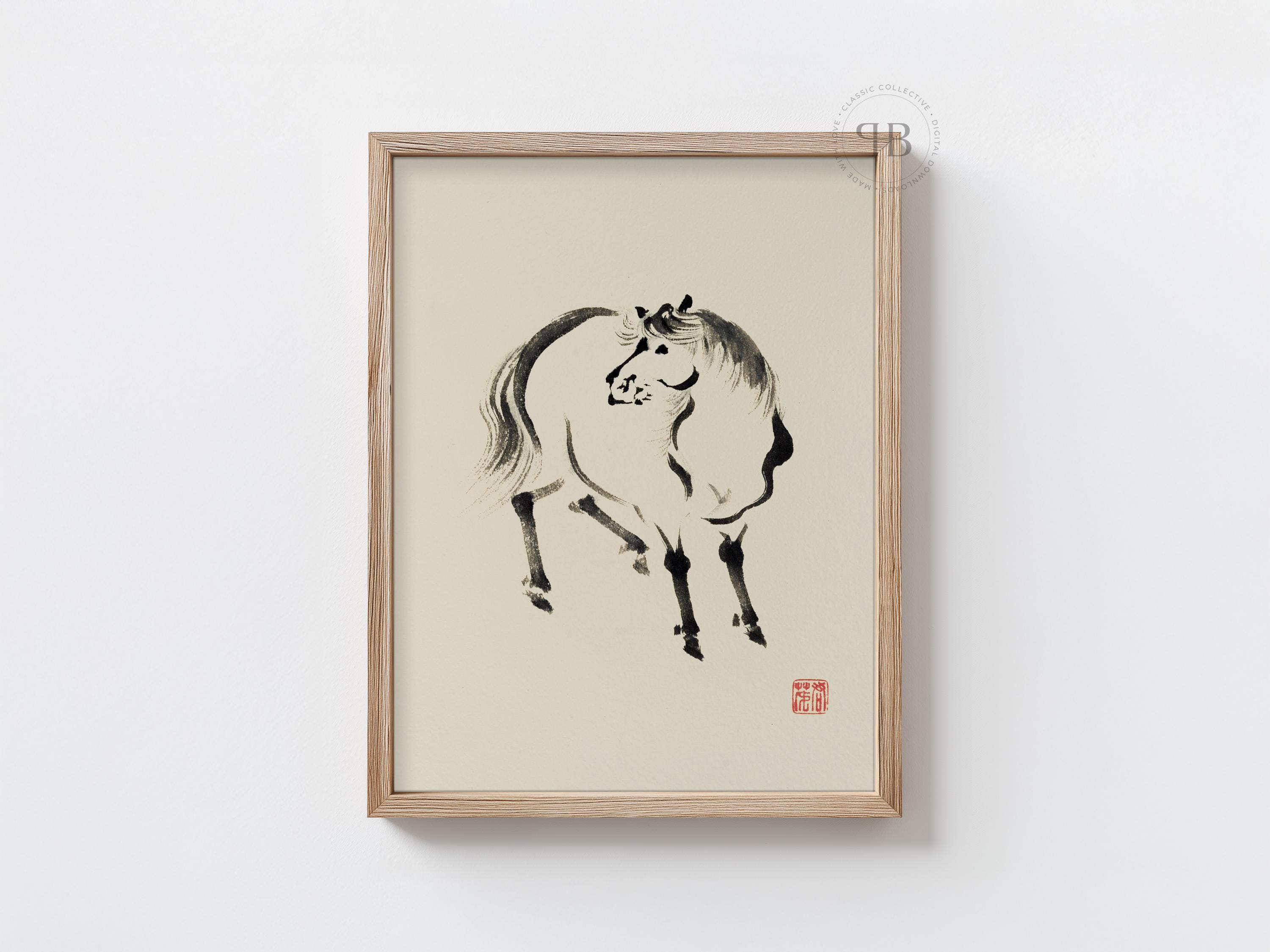 墨絵馬図：日本の水墨画、禅の筆遣い（デジタルダウンロード） - Etsy 日本
