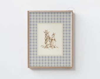 Hasen Familie Kinderzimmer Illustration, Bilderbuch Illustration, Kinder Dekor, Blau Gingham Print No.1149