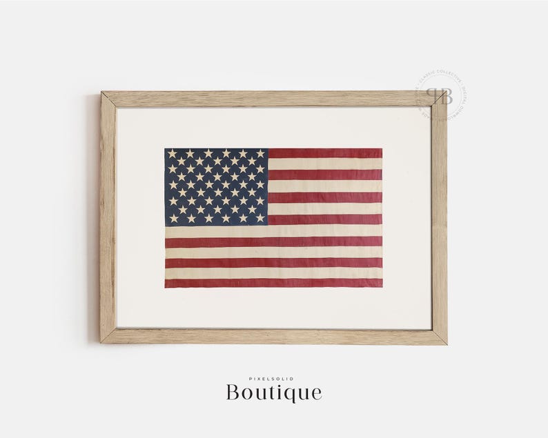 May include: A framed print of a vintage American flag with faded red, white, and blue colors. The flag is displayed in a light wood frame.