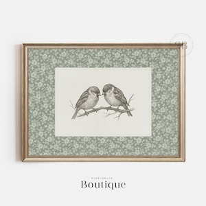 Bird Couple Printable Wall Art, Hand-Drawn Songbirds on Branch Illustration, Rustic Nature Sketch Digital Download, Vintage Style, No.723