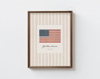 American Flag Wall Art Printable, Neutral Patriotic Decor, Farmhouse USA Flag Print, God Bless America Sign, 4th of July Decor, No.2149