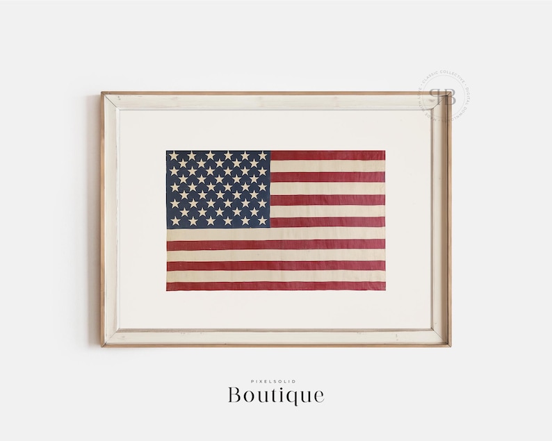 May include: A framed print of a vintage American flag with red, white, and blue colors. The flag is slightly faded and has a distressed look.