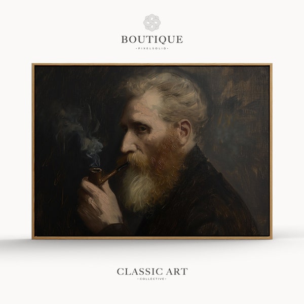 Portrait Oil Painting Of Old Man And Pipe, Dark Moody Portrait Art, Rustic Print, Dark Tones, Fine Art Decor, Digital Download, No.273