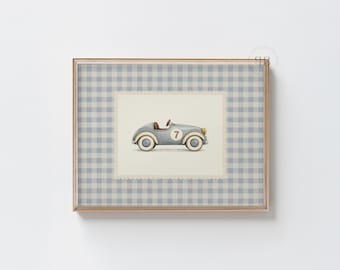 Toy Race Car Print, Blue Gingham Nursery Art (Digital Download)