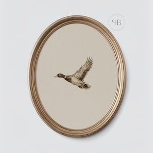 Watercolor flying duck wall art in vintage wildlife style with neutral tones, farmhouse nursery printable bird digital download.