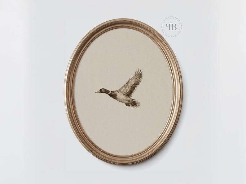 Watercolor flying duck wall art in vintage wildlife style with neutral tones, farmhouse nursery printable bird digital download.