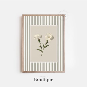 White Carnation Digital Download Wall Art, Botanical Flower Illustration, Stripe Pattern Printable, Vintage Style Artwork No.633