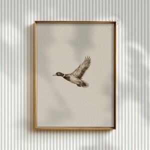 Watercolor flying duck wall art in vintage wildlife style with neutral tones, farmhouse nursery printable bird digital download.