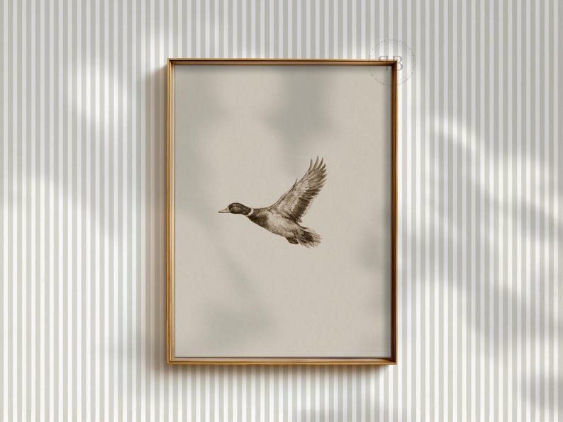Watercolor flying duck wall art in vintage wildlife style with neutral tones, farmhouse nursery printable bird digital download.
