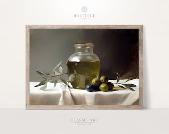 Retro Still Life of Olive Oil, Realistic Dining Room Art, Soft Decor For Rustic Farmhouse, Minimalist Fine Art for kitchen, No.088