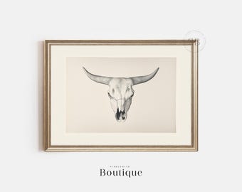 Longhorn Bull Skull Druck, schwarz weiss Illustration (Digitaler Download)
