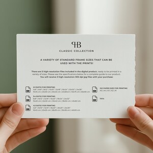 May include: A white card with the text "CLASSIC COLLECTION" and size ratios for printing. The card is held by two hands. The card lists sizes such as 4x6 inches, 8x12 inches, and 16x20 inches.