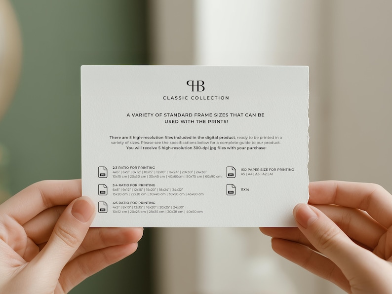 May include: A white card with the text "CLASSIC COLLECTION" and size ratios for printing. The card is held by two hands. The card lists sizes such as 4x6 inches, 8x12 inches, and 16x20 inches.