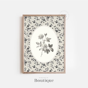 Black and White Rose Illustration - Floral Digital Download with Vintage Style Botanical Frame, Wall Art for Farmhouse Decor No.667