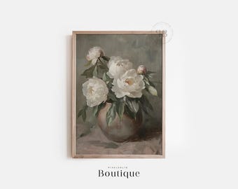 May include: A painting of a bouquet of white peonies in a brown vase. The flowers are arranged in a loose, natural style, and the vase is simple and elegant. The background is a soft, muted green.