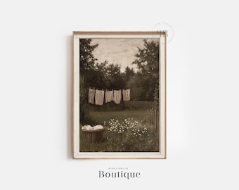 Farmhouse Laundry Line Print | Rustic Clothesline Wall Art & Digital Download | Vintage Style Sepia Garden Scene for Laundry Room, No.705