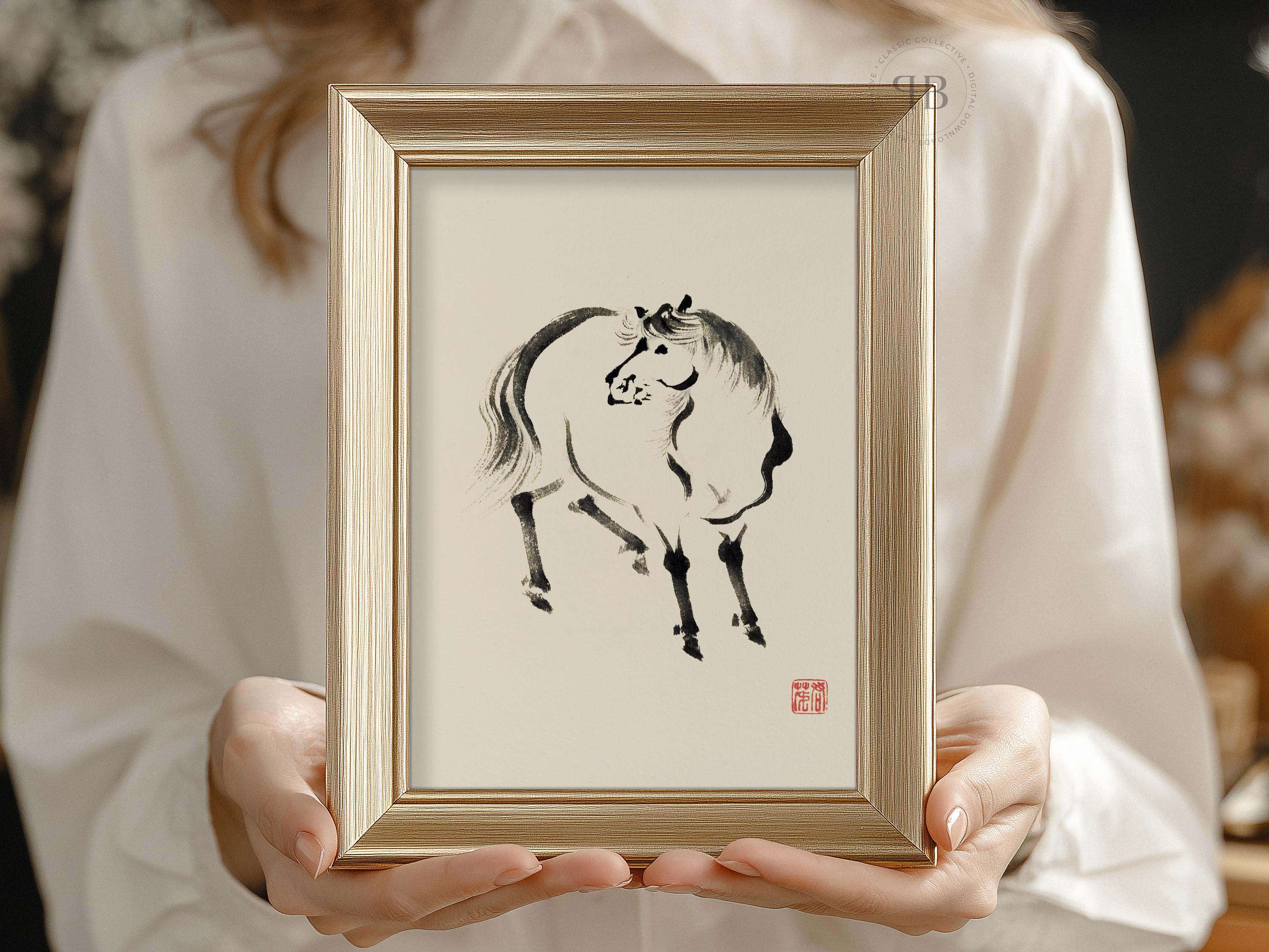 墨絵馬図：日本の水墨画、禅の筆遣い（デジタルダウンロード） - Etsy 日本