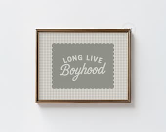 Lámina imprimible "Long Live Boyhood", arte infantil verde salvia, decoración de pared para habitación infantil, lámina de cuadros vichy para sala de juegos, descarga retro infantil n.° 1081