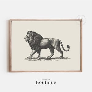 Lion Digital Artwork, Vintage-Style Black and White Wildlife Illustration Print, Safari Animal Wall Art, Lodge Decor, No.597
