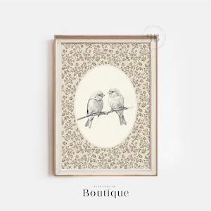 Sparrow Bird Print, Charming Farmhouse Wall Art with Floral Border, Rustic Nature-Inspired Decor, Two Birds on Branch Illustration, No.538