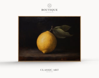 Classic Still Life Oil Painting of Lemon, Decor For Rustic Farmhouse, French Kitchen Art, Moody Still Life Print, Fine Art No.148