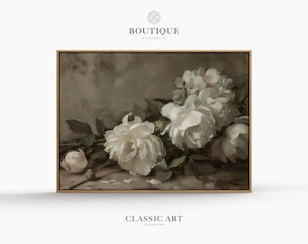 May include: A painting of white peonies in a vase, with a muted green and brown background. The flowers are arranged in a loose, natural style, and the painting has a soft, romantic feel.