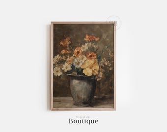 Impression florale de nature morte, peinture à l'huile de vase rustique (téléchargement numérique)