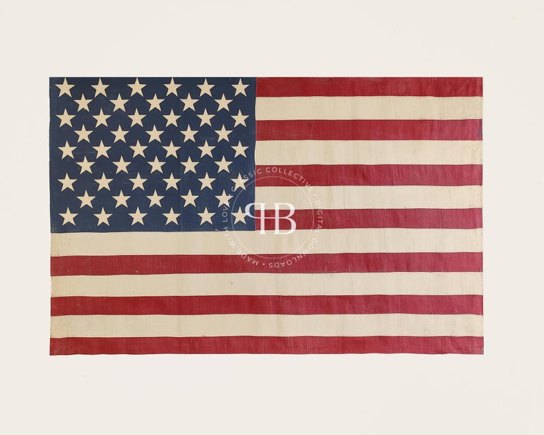 May include: A vintage American flag with 48 stars, featuring red and white stripes on a faded white background. The flag is slightly worn and has a distressed look.