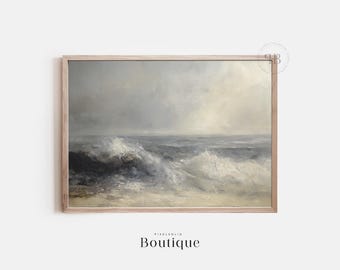 May include: A framed painting depicting a seascape with crashing waves in shades of blue and white against a cloudy sky.