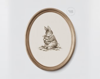 Bunny Nursery Wall Art Printable, Mother Rabbit with Baby, Cottagecore Neutral Baby Room Decor No.1142