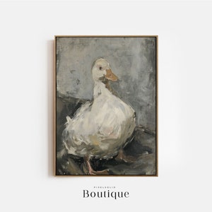 White Duck Oil Painting, Antique Decor, Goose Cabin Wall Art, Rustic Farmhouse, Duck Printable, Easter Painting, Animal Oil Painting, No.255