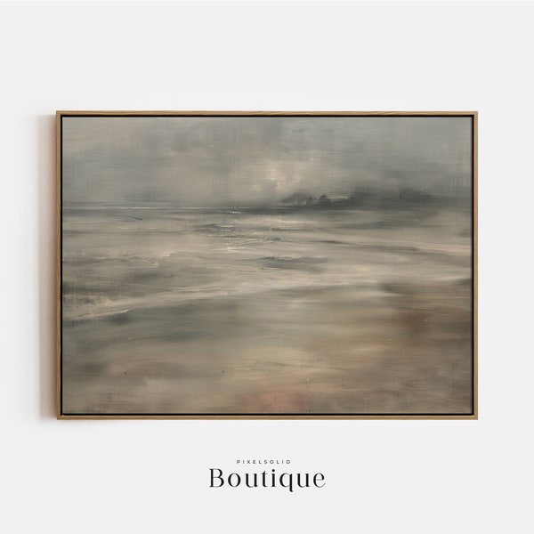 Muted Beach Painting, Moody Abstract Landscape Art, Grey Decor For Rustic Beach House, Minimalist Costal Digital Download Print, No.343
