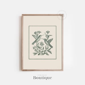 Hummingbird Botanical Digital Print, Floral Wall Art Download, Nature Illustration Decor, Green Vintage Style Design, No.607