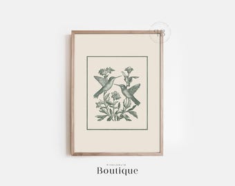 Hummingbird Botanical Print, Green Floral Art (Digital Download)