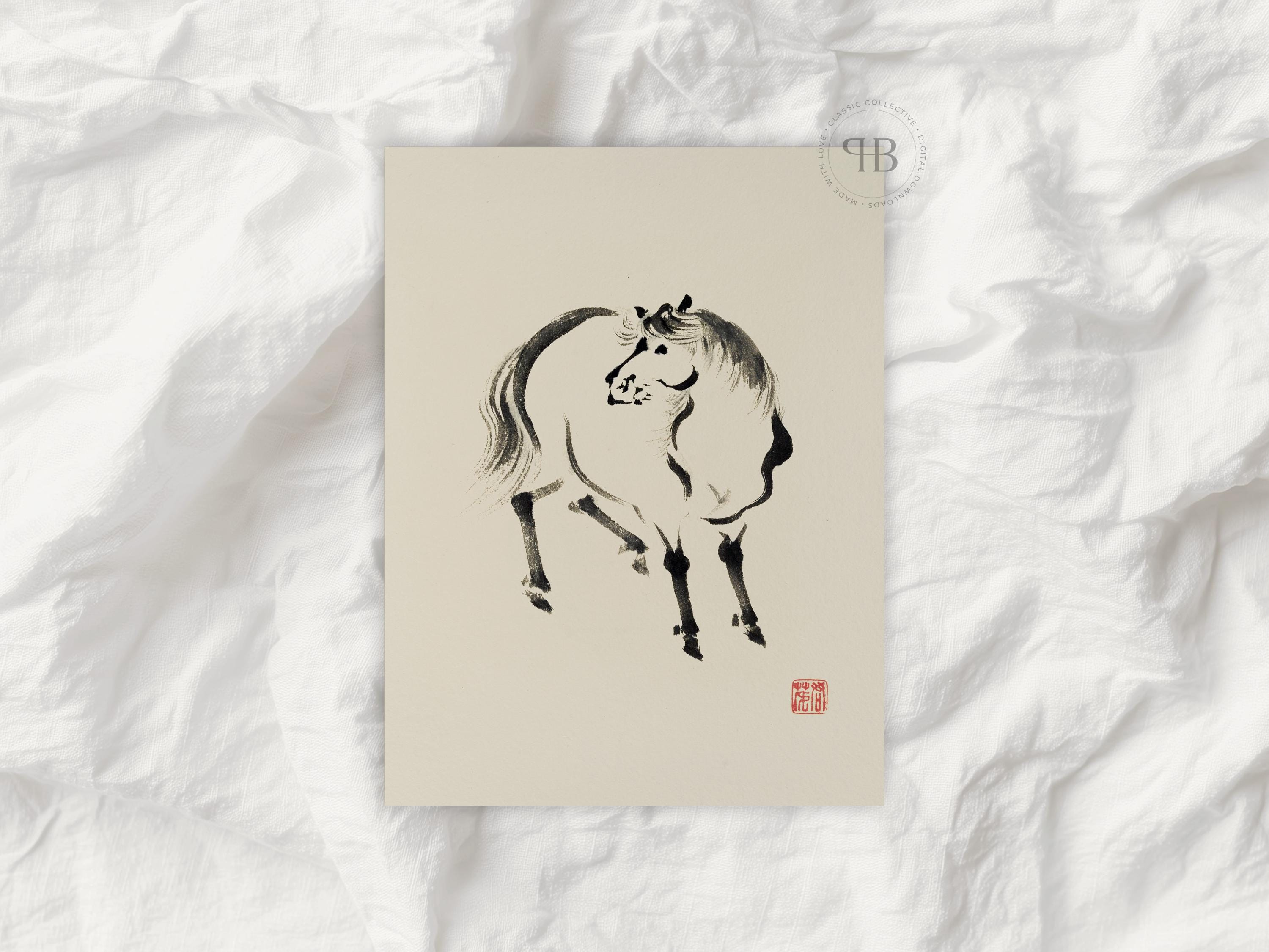 墨絵馬図：日本の水墨画、禅の筆遣い（デジタルダウンロード） - Etsy 日本