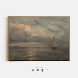 Muted Sailboat Ocean Oil Painting, Calming Oil Painting, Moody Seascape Print, Nautical Painting, Coastal Aesthetic Decor, No.378
