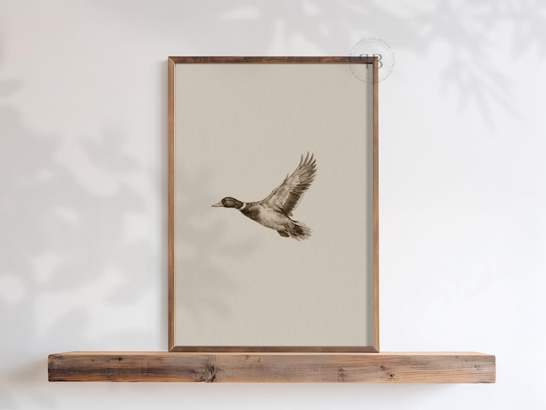 Watercolor flying duck wall art in vintage wildlife style with neutral tones, farmhouse nursery printable bird digital download.
