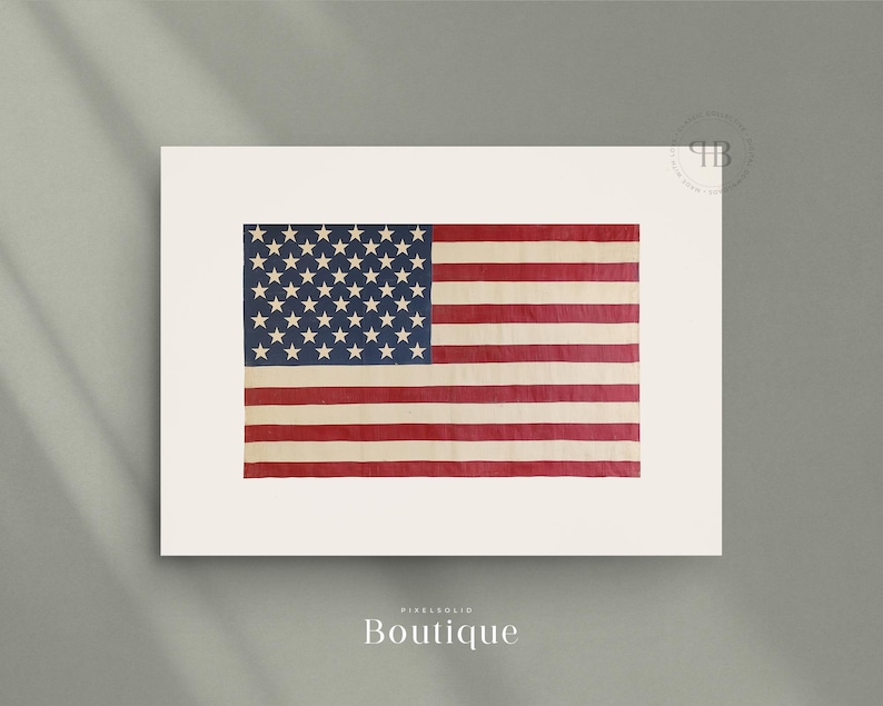 May include: A vintage-style American flag printed on a white background. The flag is faded and has a distressed look.