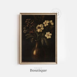 Arte de pared con naturaleza muerta rústica con flores, pintura botánica oscura, obra de arte con jarrón de flores de estilo melancólico, arte de pared con naturaleza muerta para una casa de campo de estilo vintage, 570