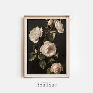 Descarga digital de arte mural de rosa blanca, impresión floral botánica oscura, póster de pintura de flores de estilo vintage n.º 589