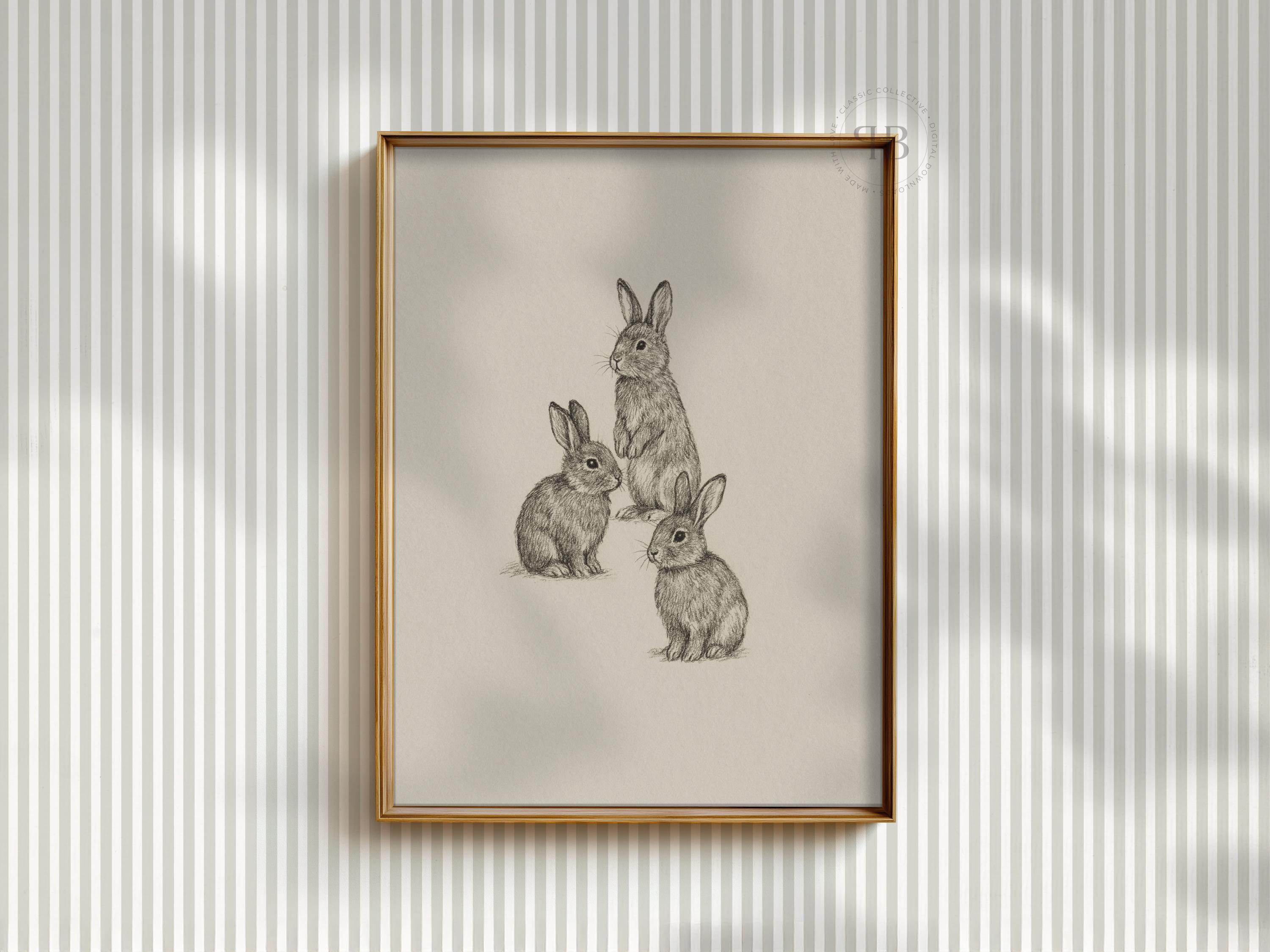Vintage Rabbits Pencil Drawing, Classic Family Nursery Bunny Art ...