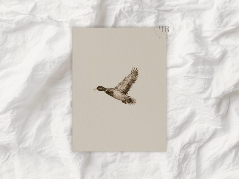 Watercolor flying duck wall art in vintage wildlife style with neutral tones, farmhouse nursery printable bird digital download.