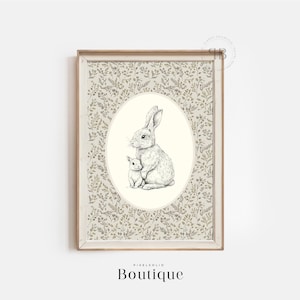 Classic Rabbit Family Print, Vintage Nursery Farmhouse Wall Art, Mother & Baby Bunny Illustration for Cozy Decor, No.531