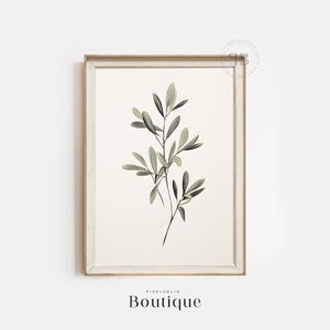 May include: A framed botanical print showing a sprig of olive branches in green and grey against a cream background. The artwork is in a light brown wooden frame. The word "Boutique" is printed at the bottom of the print.
