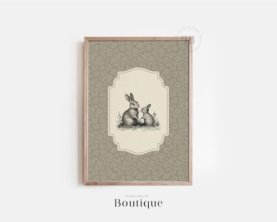 Digital Rabbit Illustration Download, Woodland Bunny Wall Art, Animal Nursery Print, Rustic Farmhouse Decor, Vintage Style Art No.585