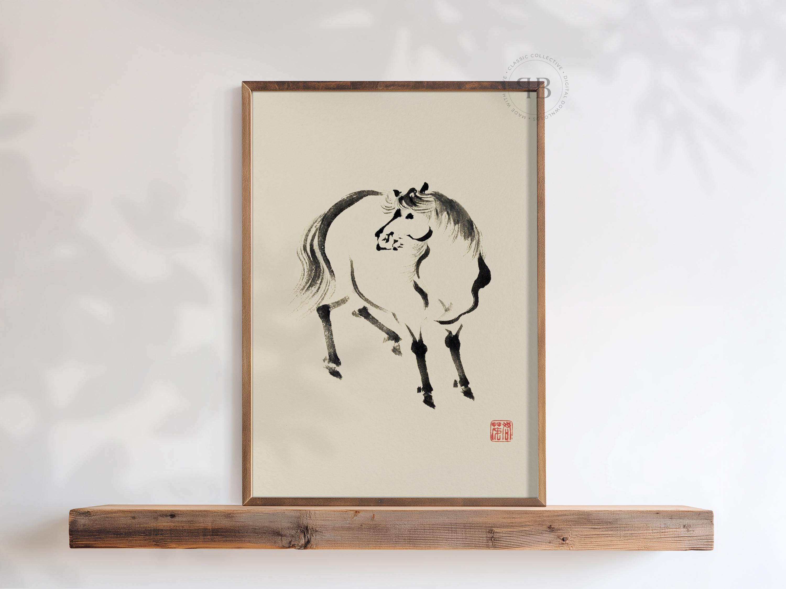 墨絵馬図：日本の水墨画、禅の筆遣い（デジタルダウンロード） - Etsy 日本