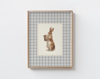 Mutter Hase Kinderzimmer Wandbild, Kaninchen mit Baby Bauernhaus Wandbild, Blauer Vichy-Karo Kinderzimmer-Druck, Cottagecore Kinderdekor No.1147