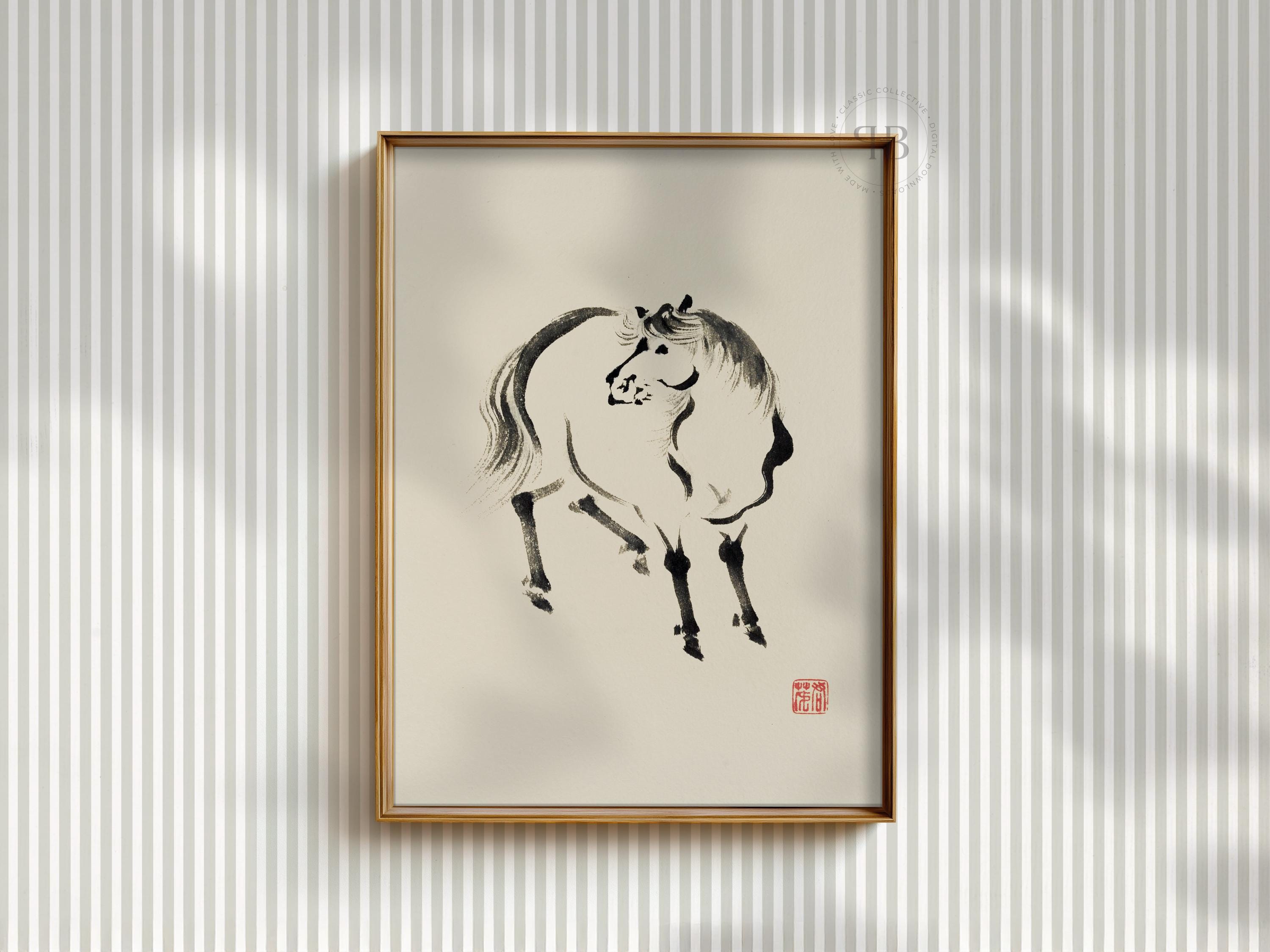 墨絵馬図：日本の水墨画、禅の筆遣い（デジタルダウンロード） - Etsy 日本