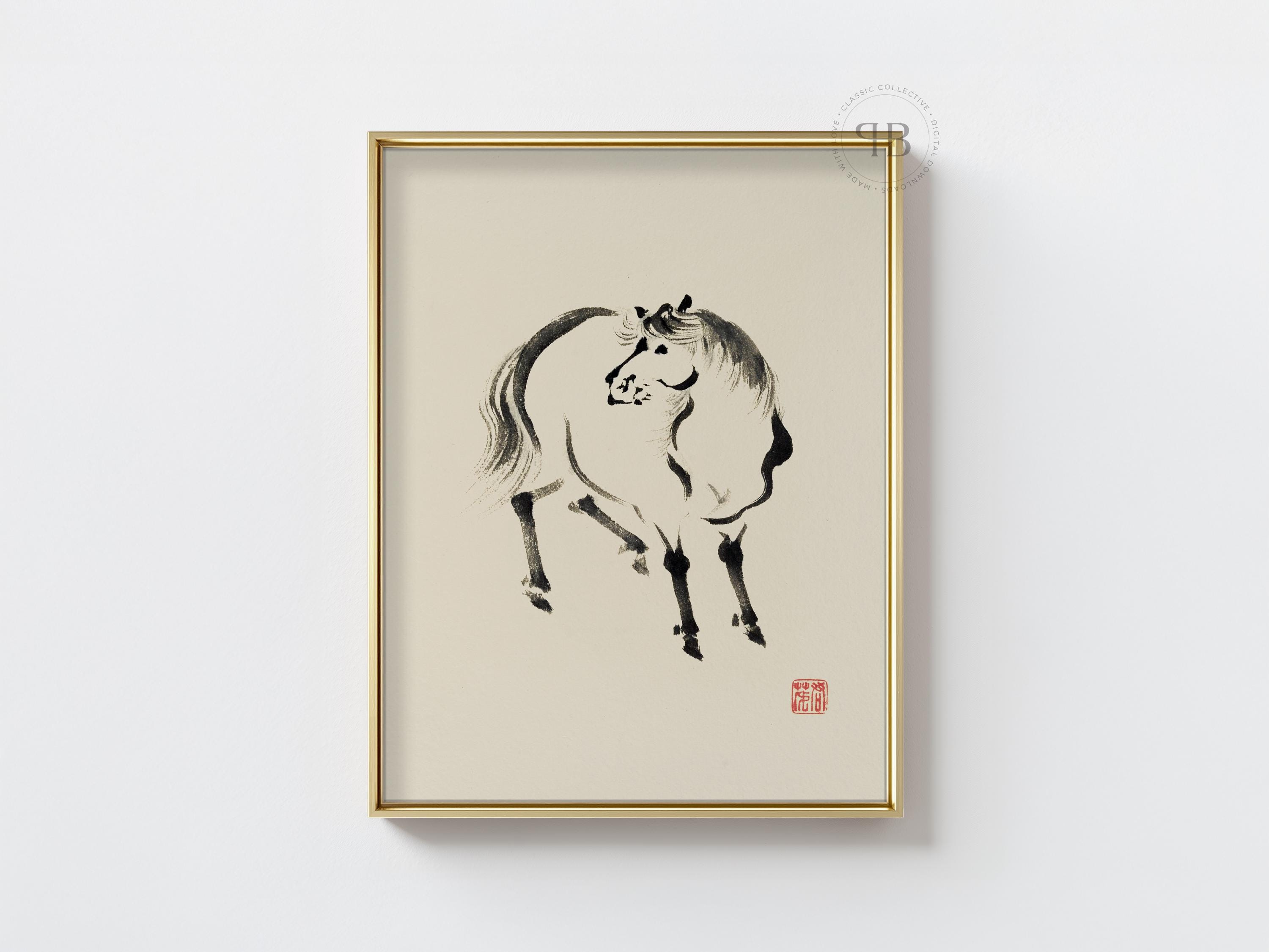 墨絵馬図：日本の水墨画、禅の筆遣い（デジタルダウンロード） - Etsy 日本